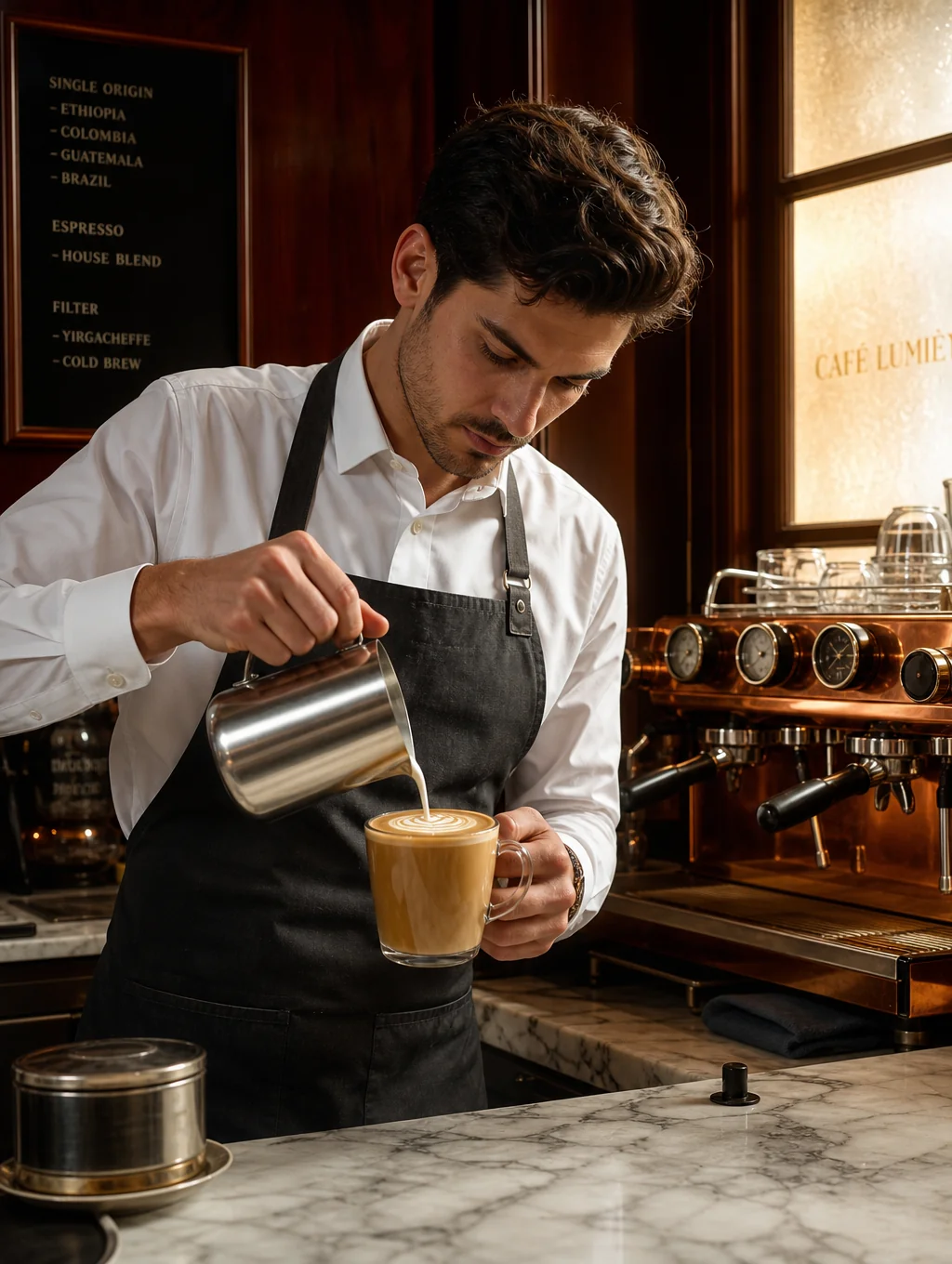 Barista carefully preparing a signature coffee drink
