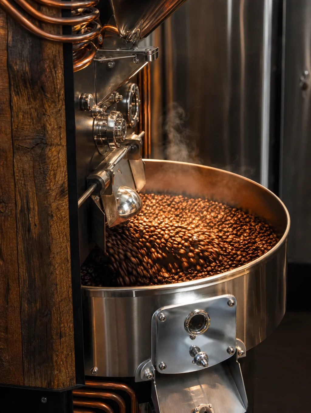 Fresh coffee beans being roasted in a small batch