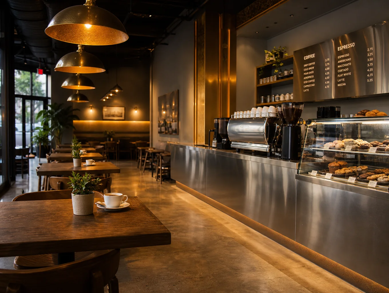 Cozy interior of BREW coffee shop with warm lighting and artisanal coffee setup