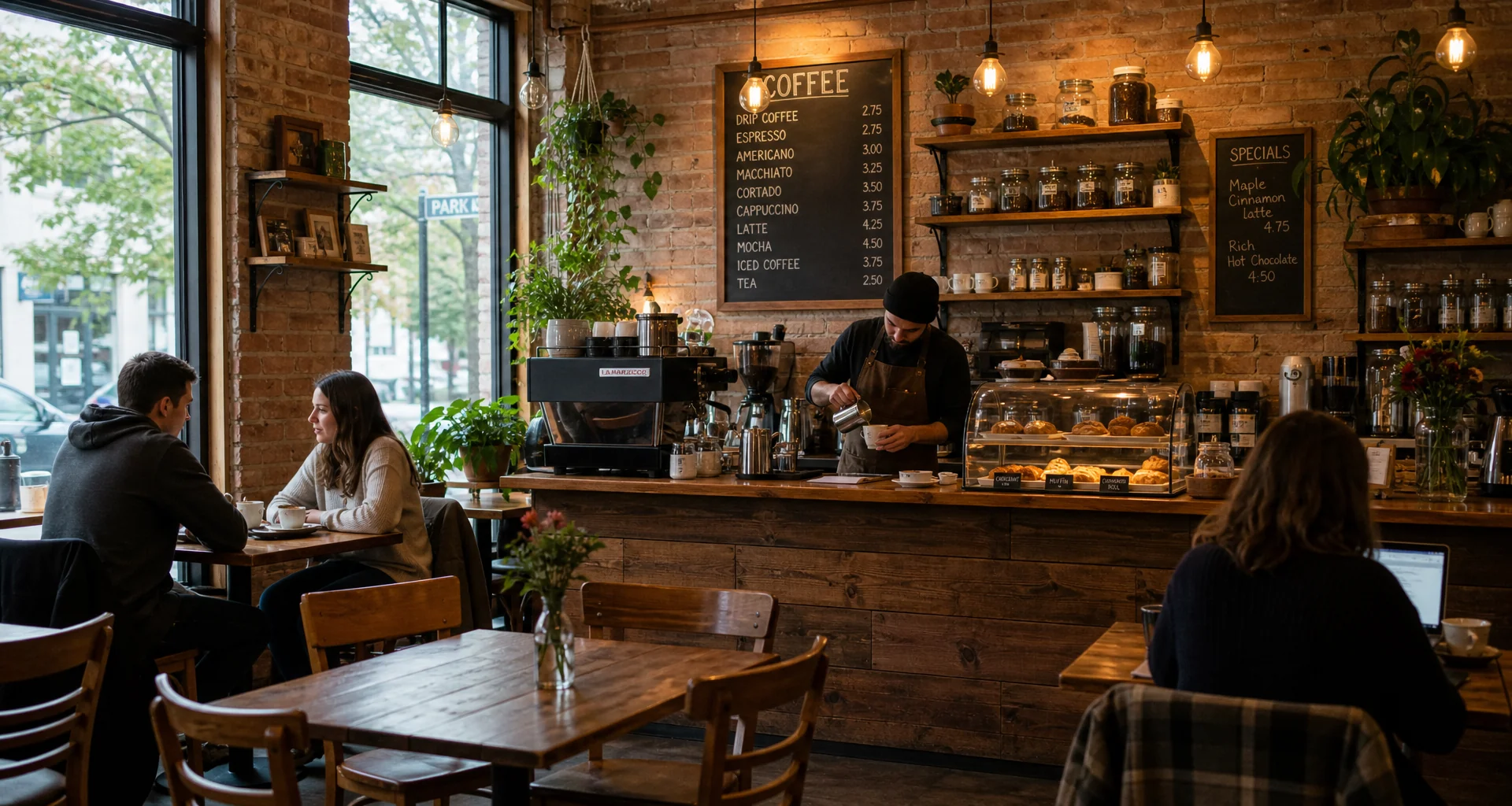 Warm and inviting coffee shop interior with soft lighting and fresh pastries