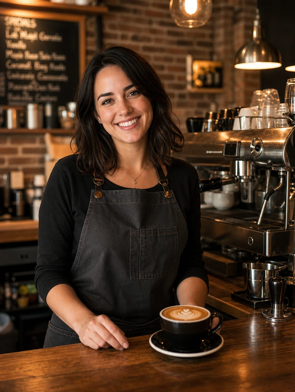 BREW founder and head barista standing in the cozy coffee shop