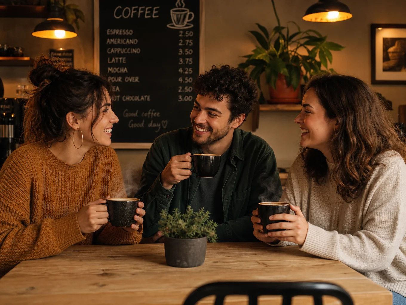 Friends chatting over coffee in the sunlit shop