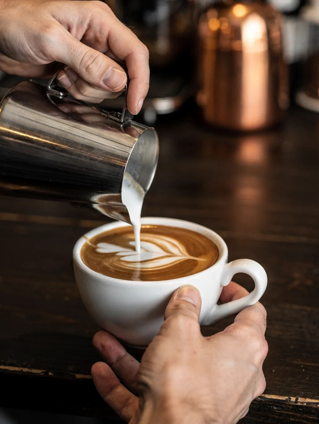 Barista pouring intricate latte art into a ceramic cup