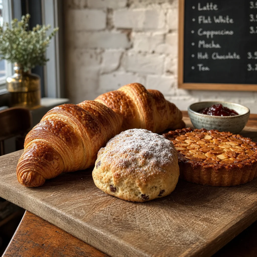 Glass display case filled with fresh artisanal pastries