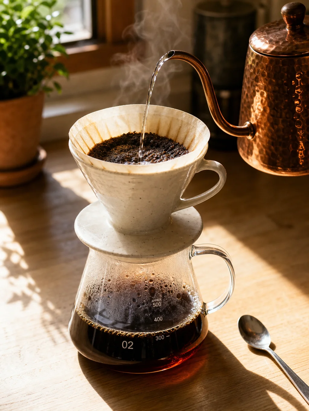 Specialty pour-over coffee brewing in a glass carafe